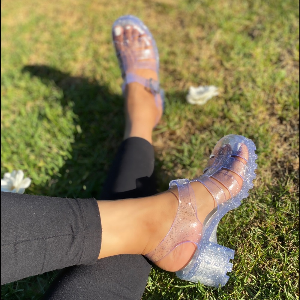 Clear Glitter Chunky Heel Sandal - Picture 2 of 2